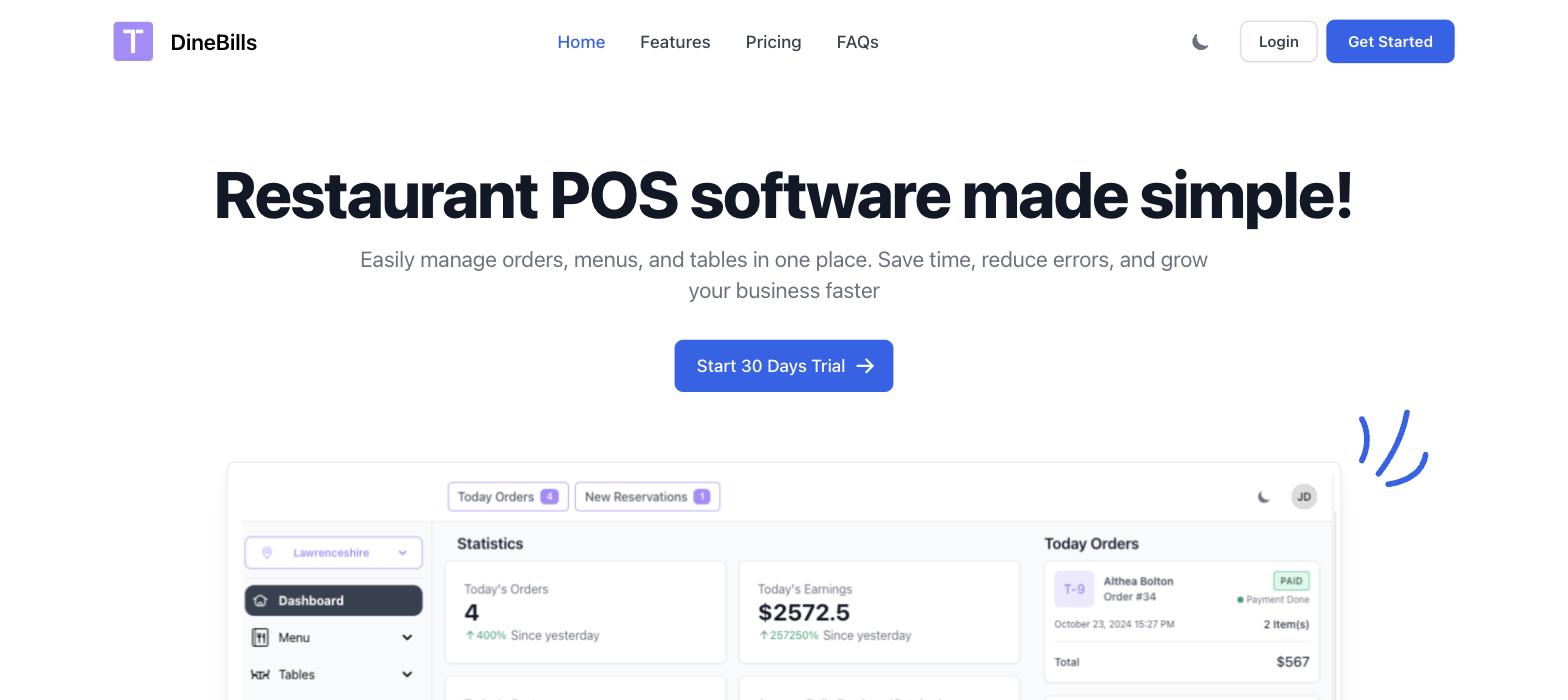 DineBills restaurant POS software dashboard